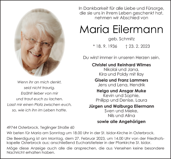 Traueranzeige von Maria Eilermann von Neue Osnabrücker Zeitung GmbH & Co. KG