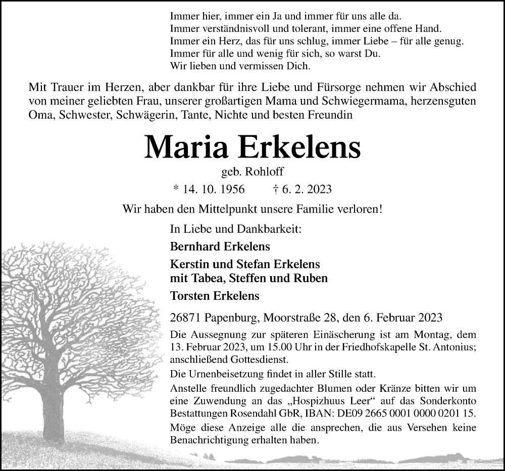  Traueranzeige für Maria Erkelens vom 09.02.2023 aus Neue Osnabrücker Zeitung GmbH & Co. KG