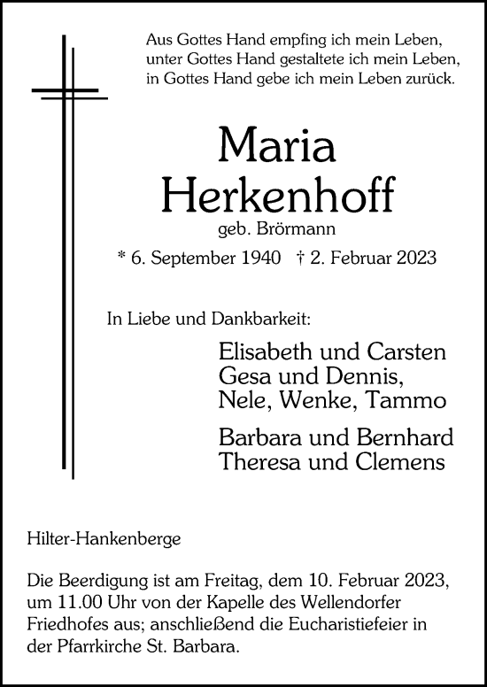 Traueranzeige von Maria Herkenhoff von Neue Osnabrücker Zeitung GmbH & Co. KG