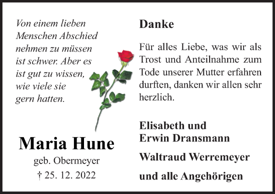 Traueranzeige von Maria Hune von Neue Osnabrücker Zeitung GmbH & Co. KG