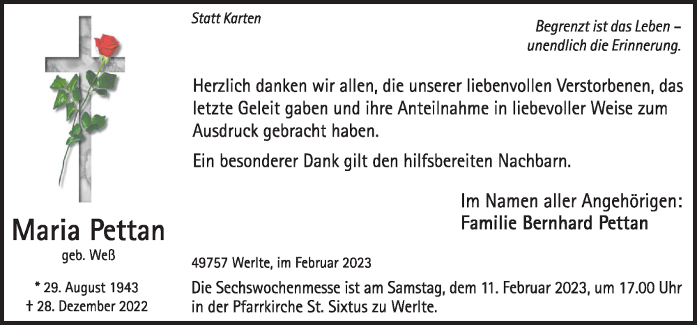  Traueranzeige für Maria Pettan vom 09.02.2023 aus Neue Osnabrücker Zeitung GmbH & Co. KG