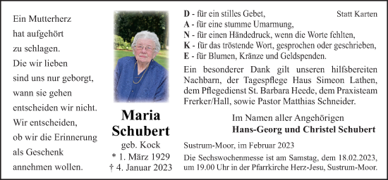 Traueranzeige von Maria Schubert von Neue Osnabrücker Zeitung GmbH & Co. KG