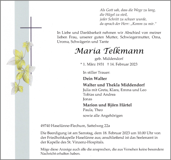 Traueranzeige von Maria Telkmann von Neue Osnabrücker Zeitung GmbH & Co. KG
