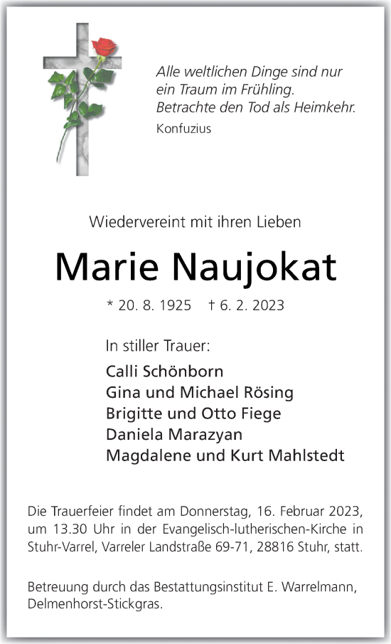 Traueranzeige von Marie Naujokat von DK Medien GmbH & Co. KG