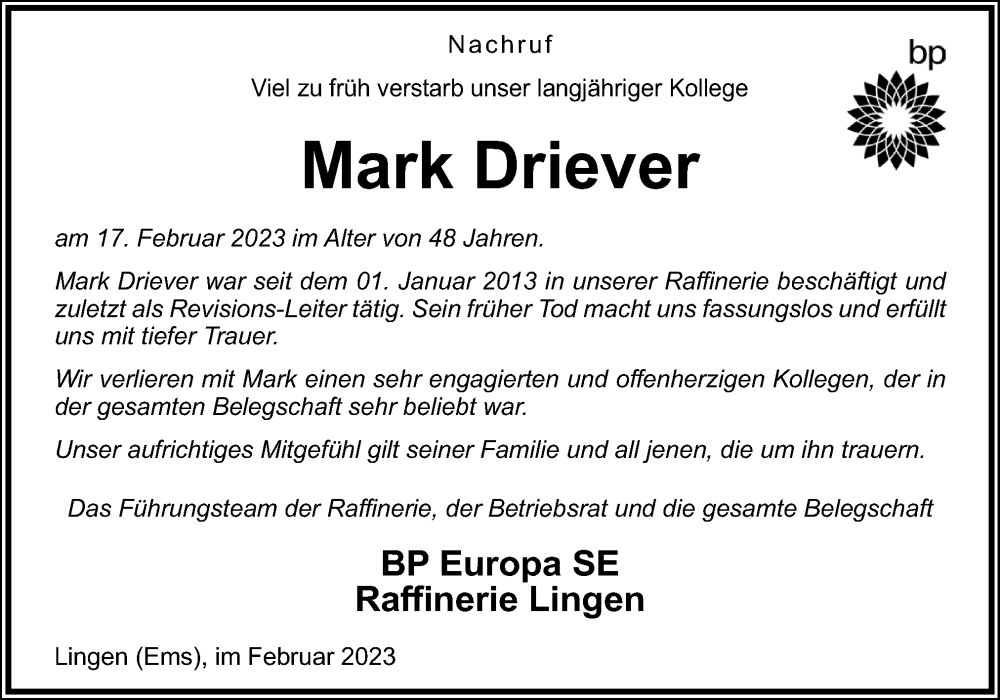  Traueranzeige für Mark Driever vom 22.02.2023 aus Neue Osnabrücker Zeitung GmbH & Co. KG