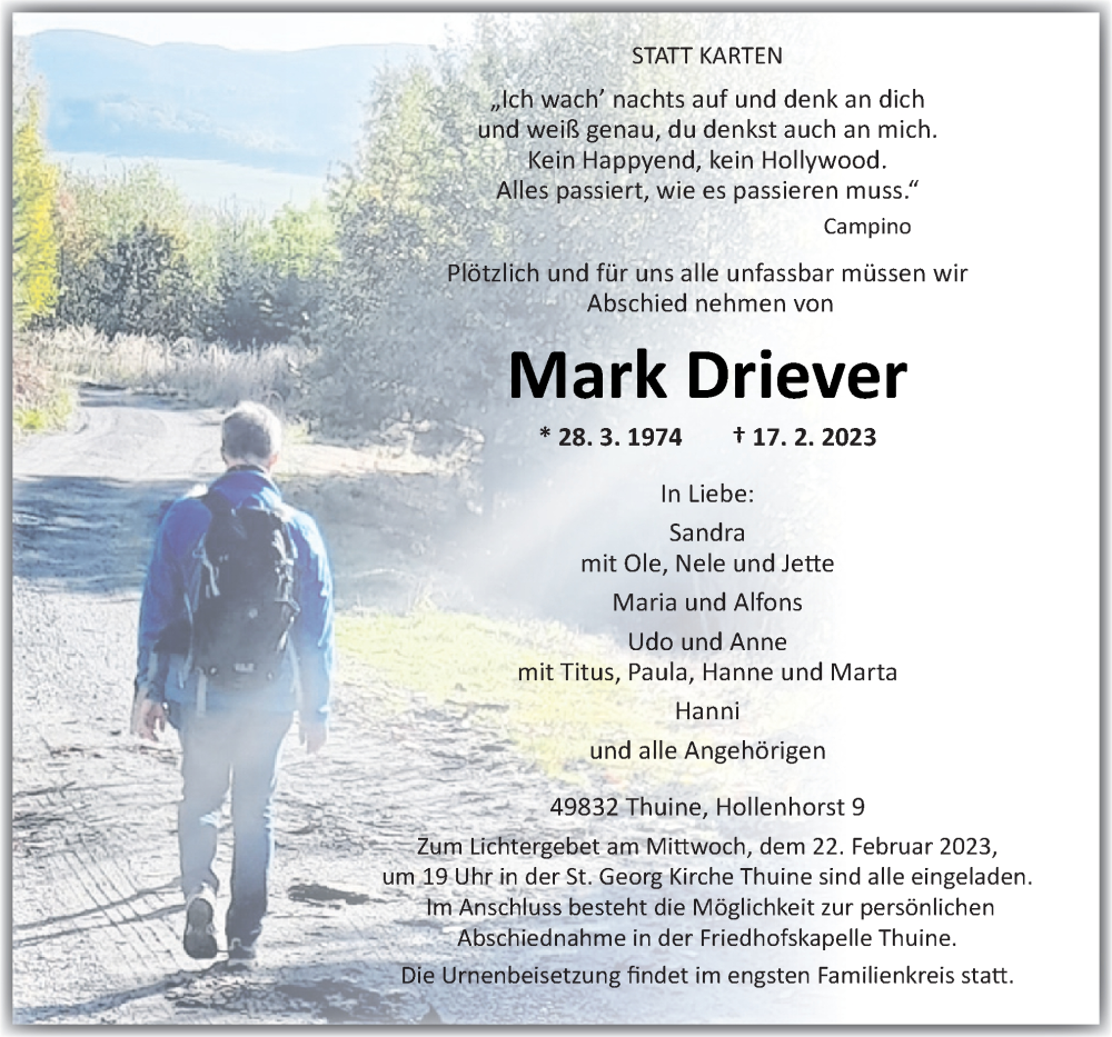  Traueranzeige für Mark Driever vom 20.02.2023 aus Neue Osnabrücker Zeitung GmbH & Co. KG