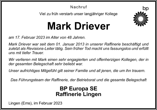 Traueranzeige von Mark Driever von Neue Osnabrücker Zeitung GmbH & Co. KG