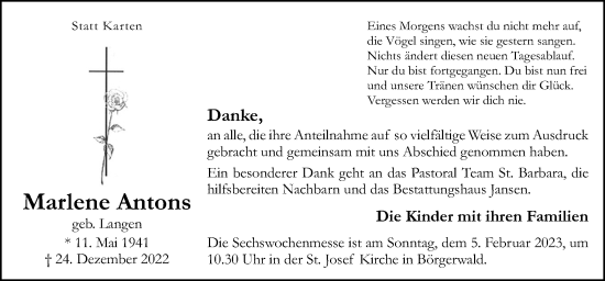 Traueranzeige von Marlene Antons von Neue Osnabrücker Zeitung GmbH & Co. KG