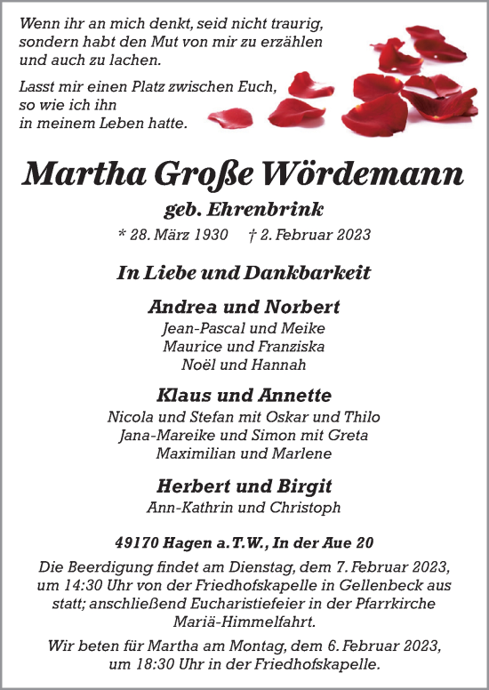 Traueranzeige von Martha Große Wördemann von Neue Osnabrücker Zeitung GmbH &amp; Co. KG