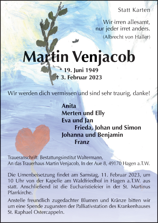 Traueranzeige von Martin Venjacob von Neue Osnabrücker Zeitung GmbH & Co. KG