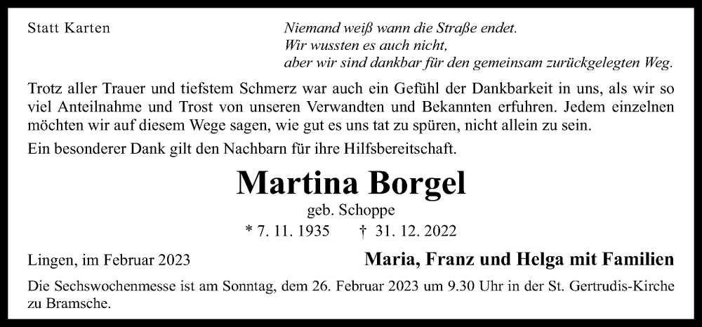  Traueranzeige für Martina Borgel vom 18.02.2023 aus Neue Osnabrücker Zeitung GmbH & Co. KG