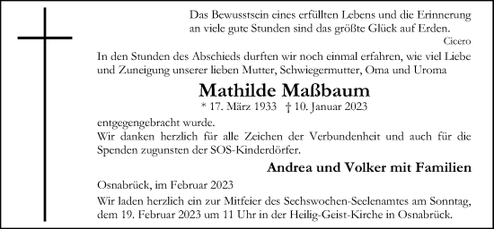 Traueranzeige von Mathilde Maßbaum von Neue Osnabrücker Zeitung GmbH & Co. KG