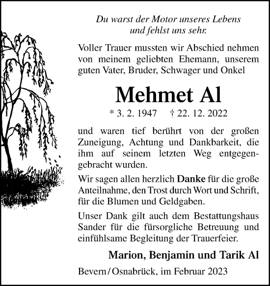Traueranzeige von Mehmet Al von Neue Osnabrücker Zeitung GmbH & Co. KG
