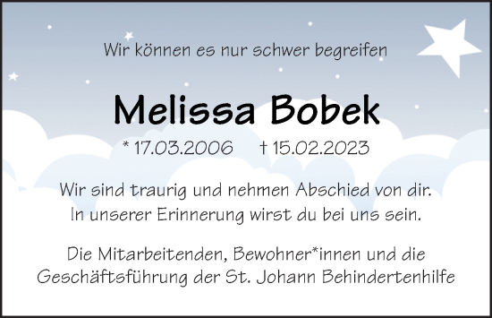 Traueranzeige von Melissa Bobek von Neue Osnabrücker Zeitung GmbH & Co. KG