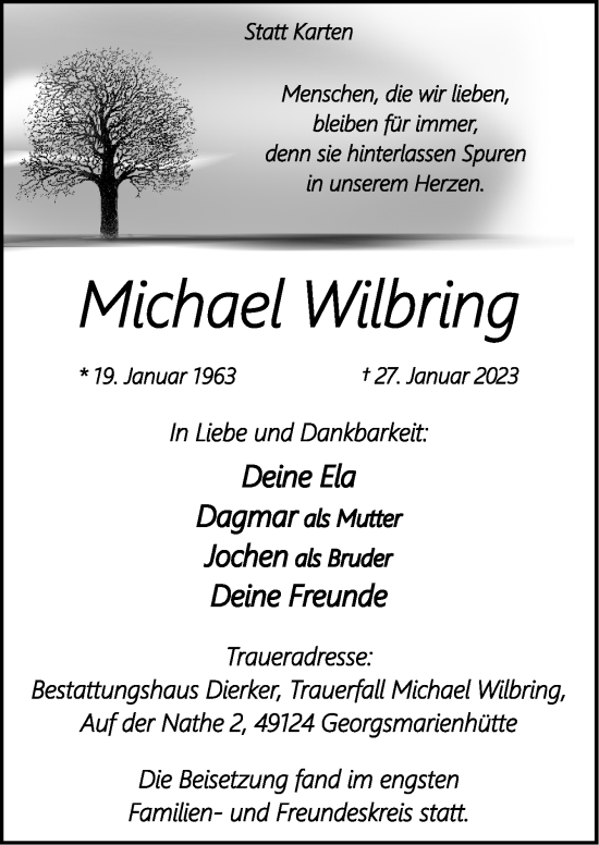 Traueranzeige von Michael Wilbring von Neue Osnabrücker Zeitung GmbH & Co. KG