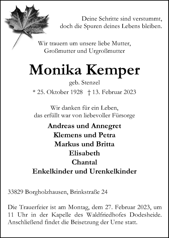 Traueranzeige von Monika Kemper von Neue Osnabrücker Zeitung GmbH & Co. KG