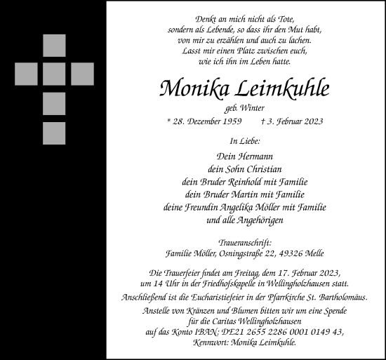 Traueranzeige von Monika Leimkuhle von Neue Osnabrücker Zeitung GmbH & Co. KG