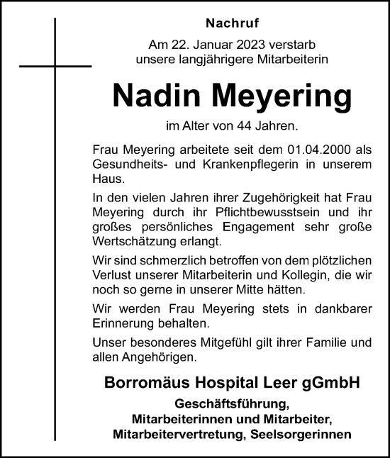 Traueranzeige von Nadin Meyering von Neue Osnabrücker Zeitung GmbH & Co. KG