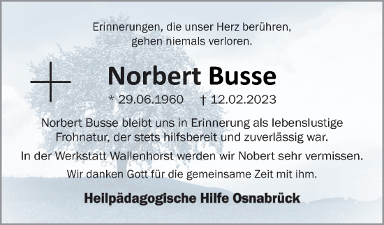 Traueranzeige von Norbert Busse von Neue Osnabrücker Zeitung GmbH & Co. KG