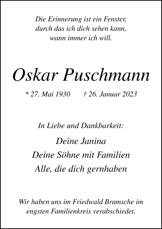 Traueranzeige von Oskar Puschmann von Neue Osnabrücker Zeitung GmbH & Co. KG