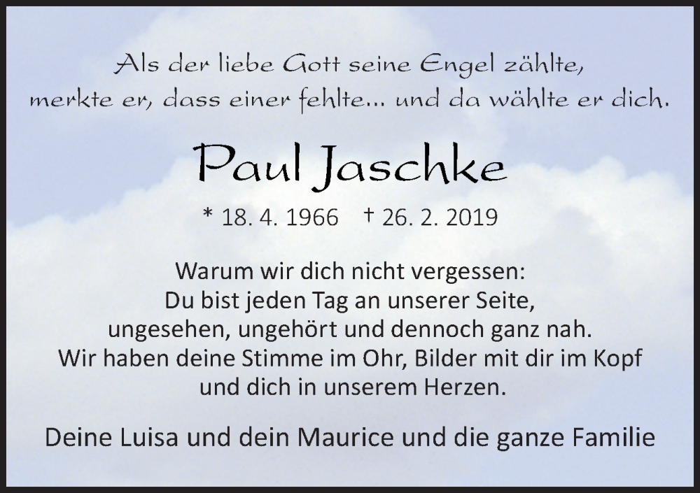  Traueranzeige für Paul Jaschke vom 25.02.2023 aus Neue Osnabrücker Zeitung GmbH & Co. KG