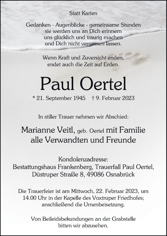 Traueranzeige von Paul Oertel von Neue Osnabrücker Zeitung GmbH & Co. KG