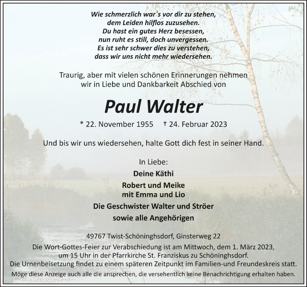  Traueranzeige für Paul Walter vom 27.02.2023 aus Neue Osnabrücker Zeitung GmbH & Co. KG