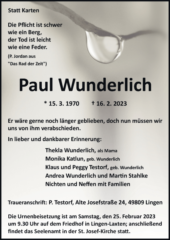 Traueranzeige von Paul Wunderlich von Neue Osnabrücker Zeitung GmbH & Co. KG
