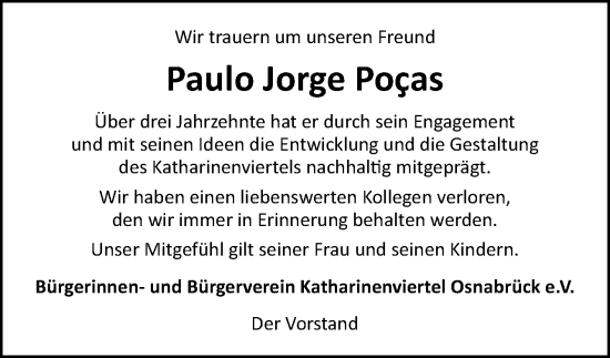 Traueranzeige von Paulo Jorge Poças von Neue Osnabrücker Zeitung GmbH & Co. KG