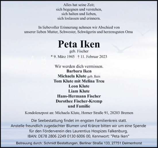 Traueranzeige von Peta Iken von DK Medien GmbH & Co. KG