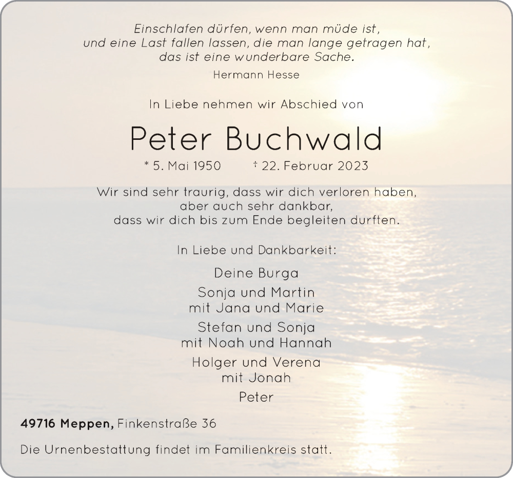  Traueranzeige für Peter Buchwald vom 27.02.2023 aus Neue Osnabrücker Zeitung GmbH & Co. KG