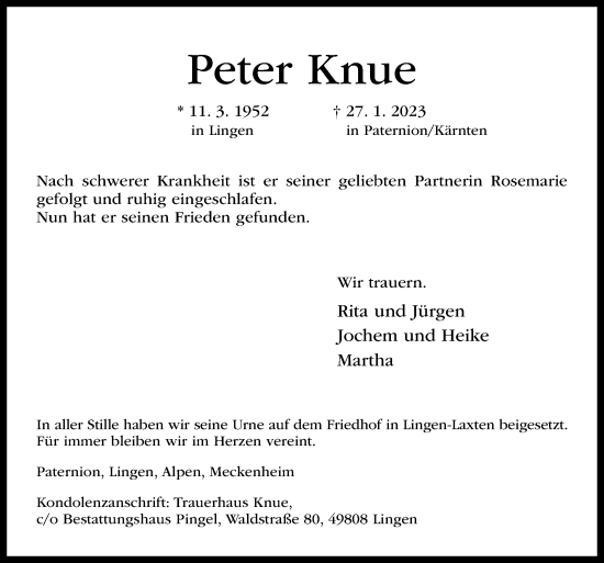 Traueranzeige von Peter Knue von Neue Osnabrücker Zeitung GmbH & Co. KG
