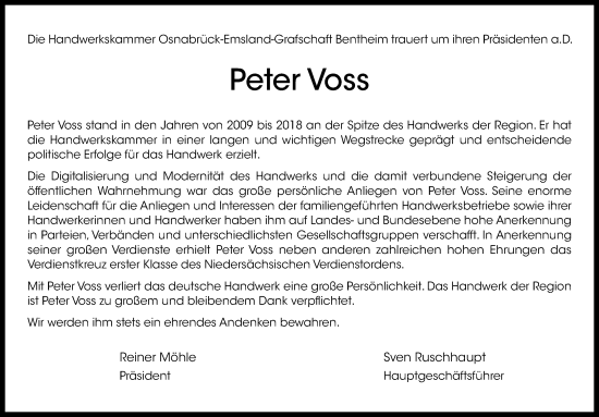 Traueranzeige von Peter Voss von Neue Osnabrücker Zeitung GmbH & Co. KG