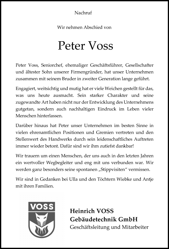  Traueranzeige für Peter Voss vom 18.02.2023 aus Neue Osnabrücker Zeitung GmbH & Co. KG