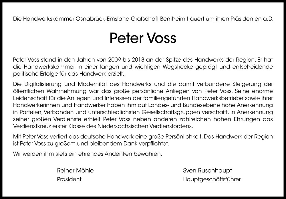  Traueranzeige für Peter Voss vom 18.02.2023 aus Neue Osnabrücker Zeitung GmbH & Co. KG