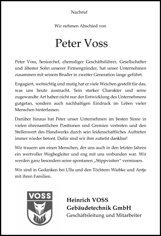 Traueranzeige von Peter Voss von Neue Osnabrücker Zeitung GmbH & Co. KG