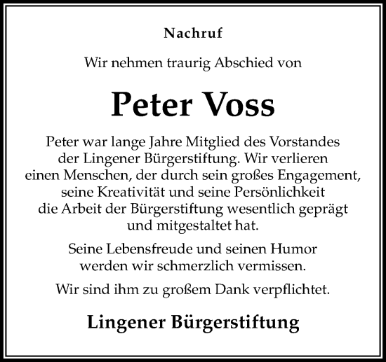 Traueranzeige von Peter Voss von Neue Osnabrücker Zeitung GmbH & Co. KG