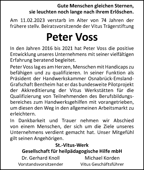 Traueranzeige von Peter Voss von Neue Osnabrücker Zeitung GmbH & Co. KG