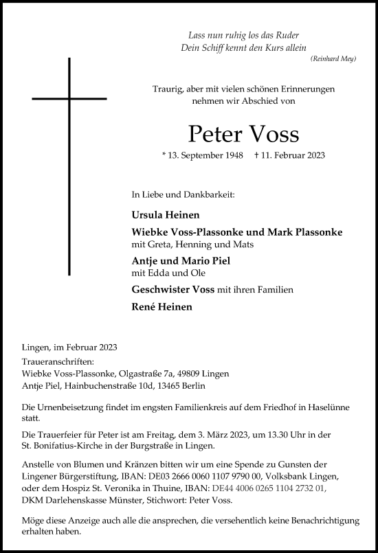 Traueranzeige von Peter Voss von Neue Osnabrücker Zeitung GmbH & Co. KG