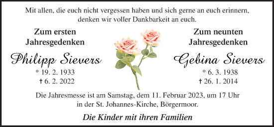 Traueranzeige von Philipp und Gebina Sievers von Neue Osnabrücker Zeitung GmbH & Co. KG