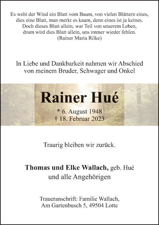 Traueranzeige von Rainer Hué von Neue Osnabrücker Zeitung GmbH & Co. KG