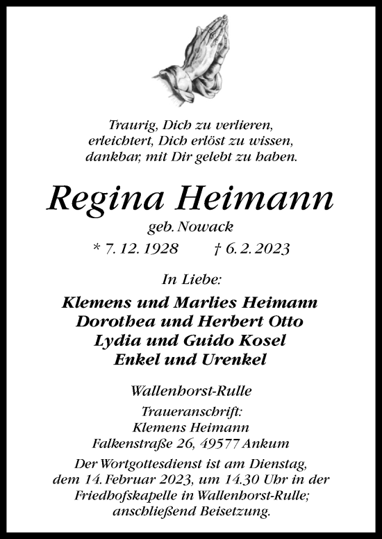 Traueranzeige von Regina Heimann von Neue Osnabrücker Zeitung GmbH & Co. KG