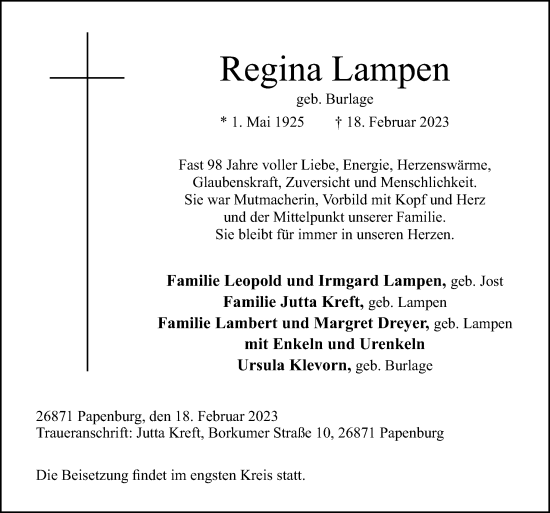 Traueranzeige von Regina Lampen von Neue Osnabrücker Zeitung GmbH & Co. KG