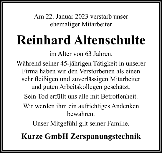 Traueranzeige von Reinhard Altenschulte von Neue Osnabrücker Zeitung GmbH & Co. KG