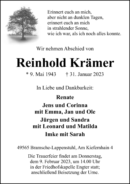 Traueranzeige von Reinhold Krämer von Neue Osnabrücker Zeitung GmbH & Co. KG