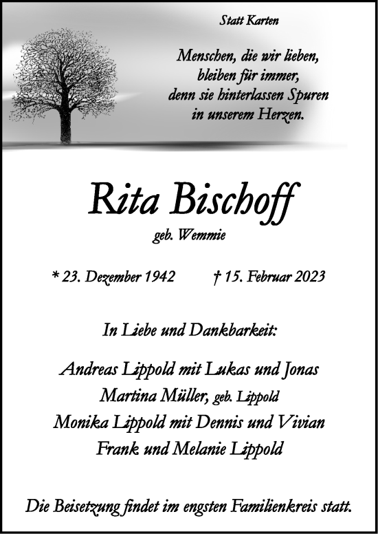 Traueranzeige von Rita Bischoff von Neue Osnabrücker Zeitung GmbH & Co. KG