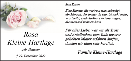 Traueranzeige von Rosa Kleine-Hartlage von Neue Osnabrücker Zeitung GmbH & Co. KG