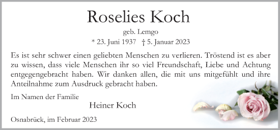 Traueranzeige von Roselies Koch von Neue Osnabrücker Zeitung GmbH & Co. KG