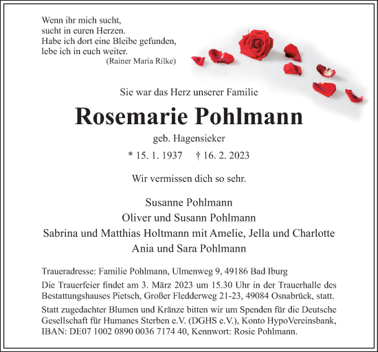Traueranzeige von Rosemarie Pohlmann von Neue Osnabrücker Zeitung GmbH & Co. KG