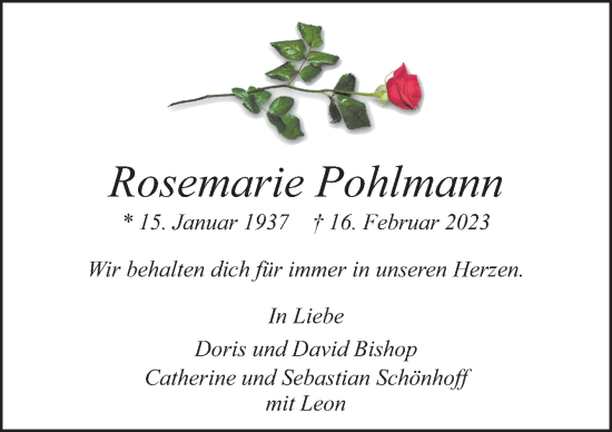 Traueranzeige von Rosemarie Pohlmann von Neue Osnabrücker Zeitung GmbH & Co. KG